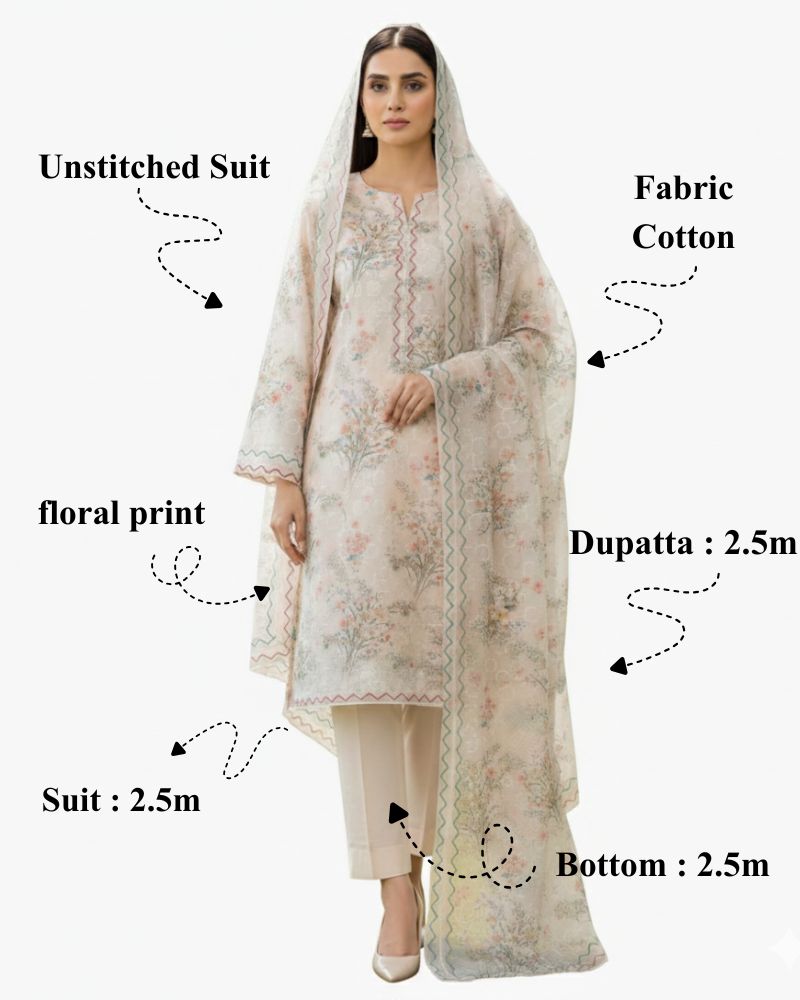 Floral Printed Rayon Cotton 3 Pcs Unstitched Suit Set- Cream