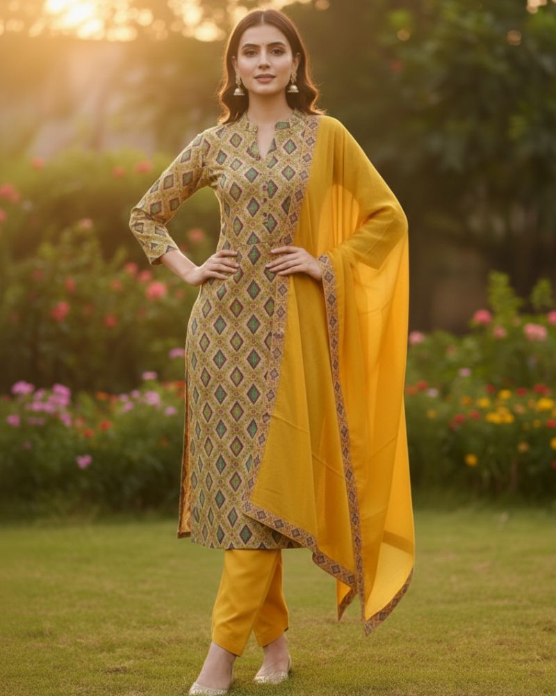 Designer Printed Cotton Unstitched Suit Set - Yellow