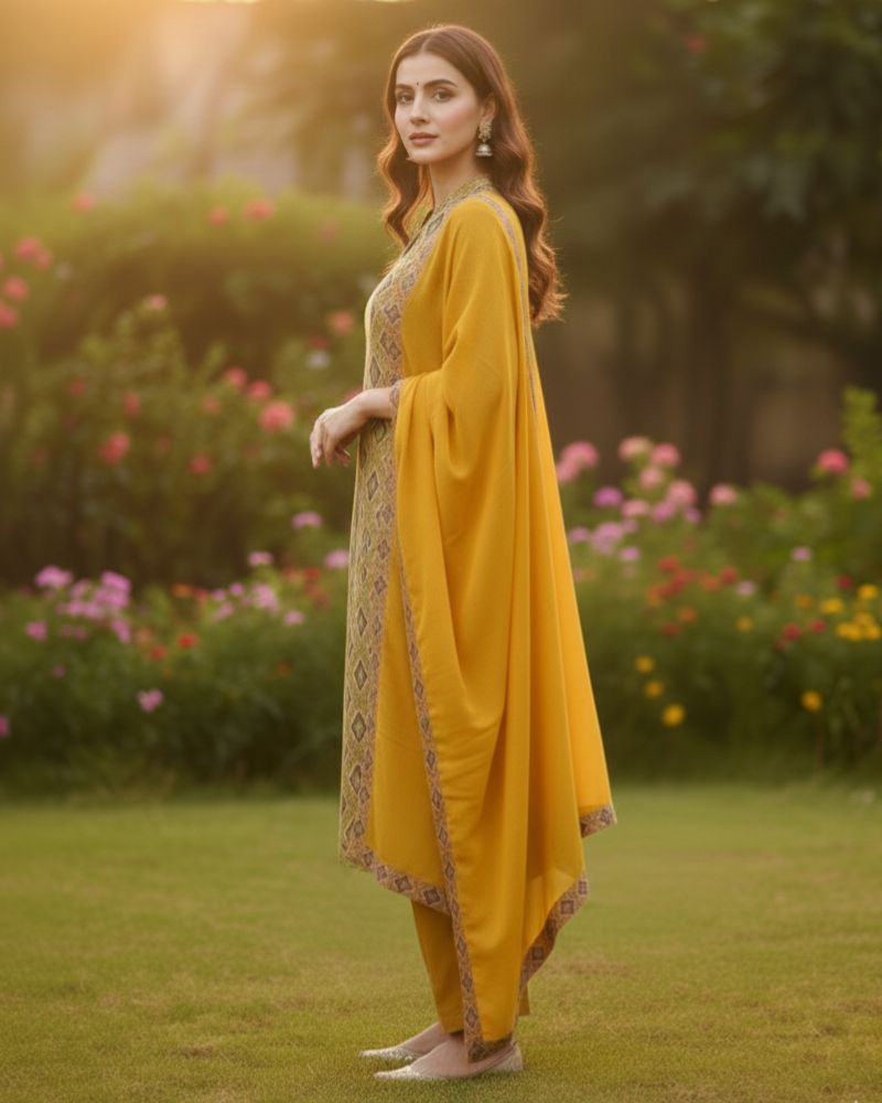 Designer Printed Cotton Unstitched Suit Set - Yellow