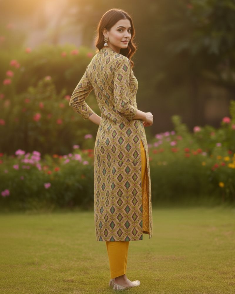 Designer Printed Cotton Unstitched Suit Set - Yellow