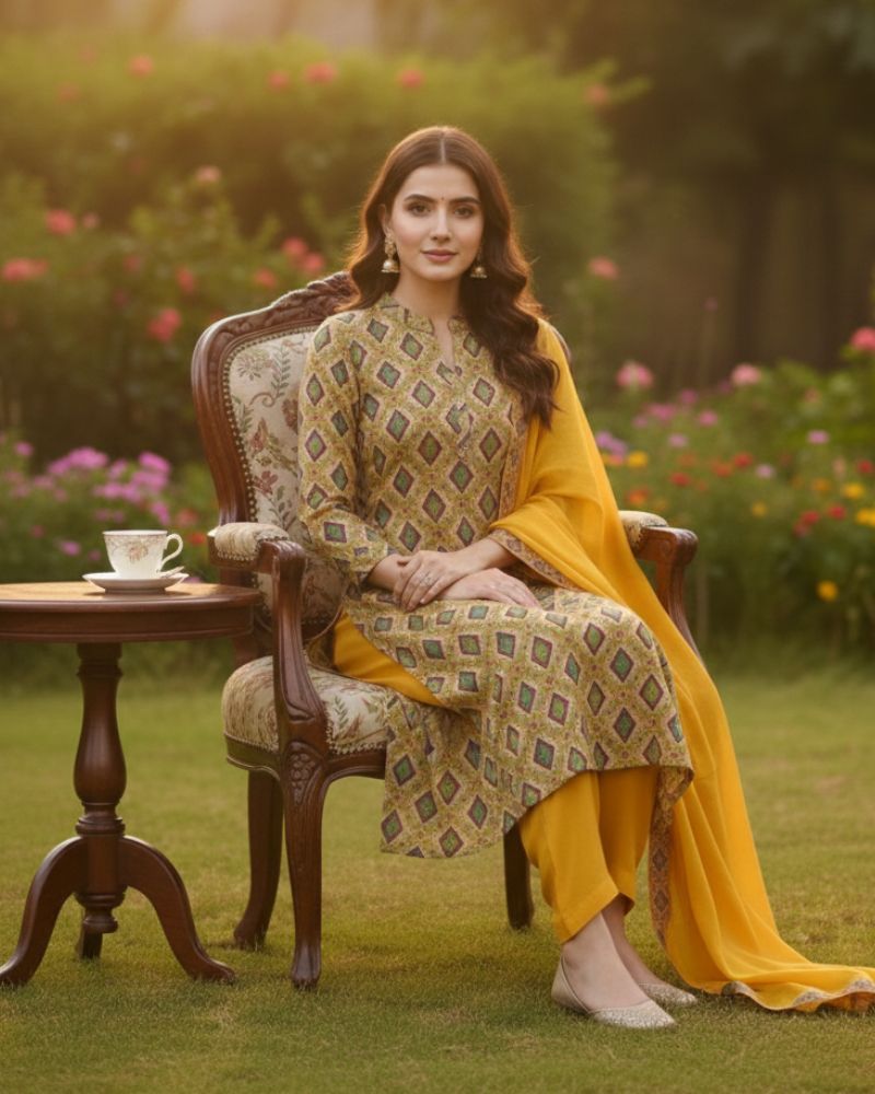 Designer Printed Cotton Unstitched Suit Set - Yellow