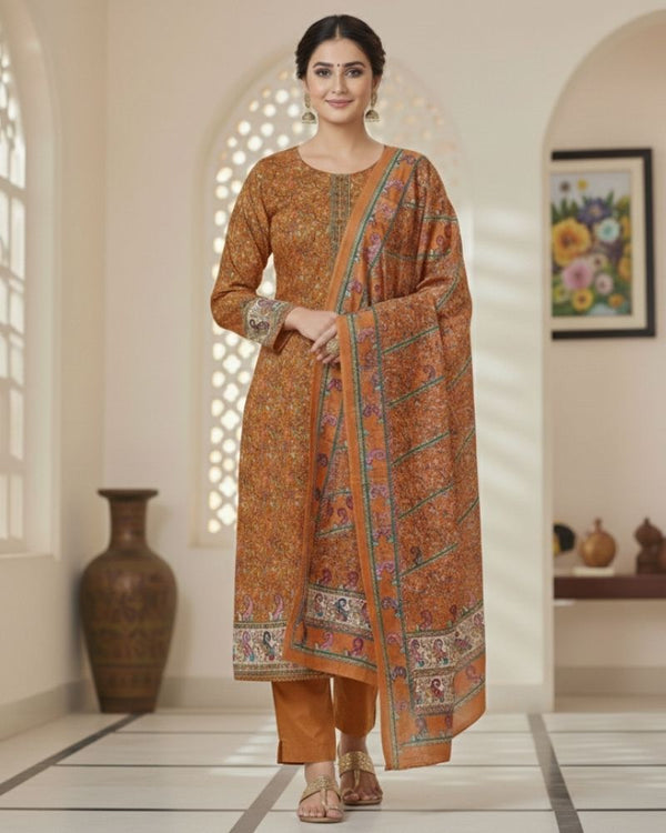 Paisley Printed Cotton 3 Pcs Unstitched Suit- Brown