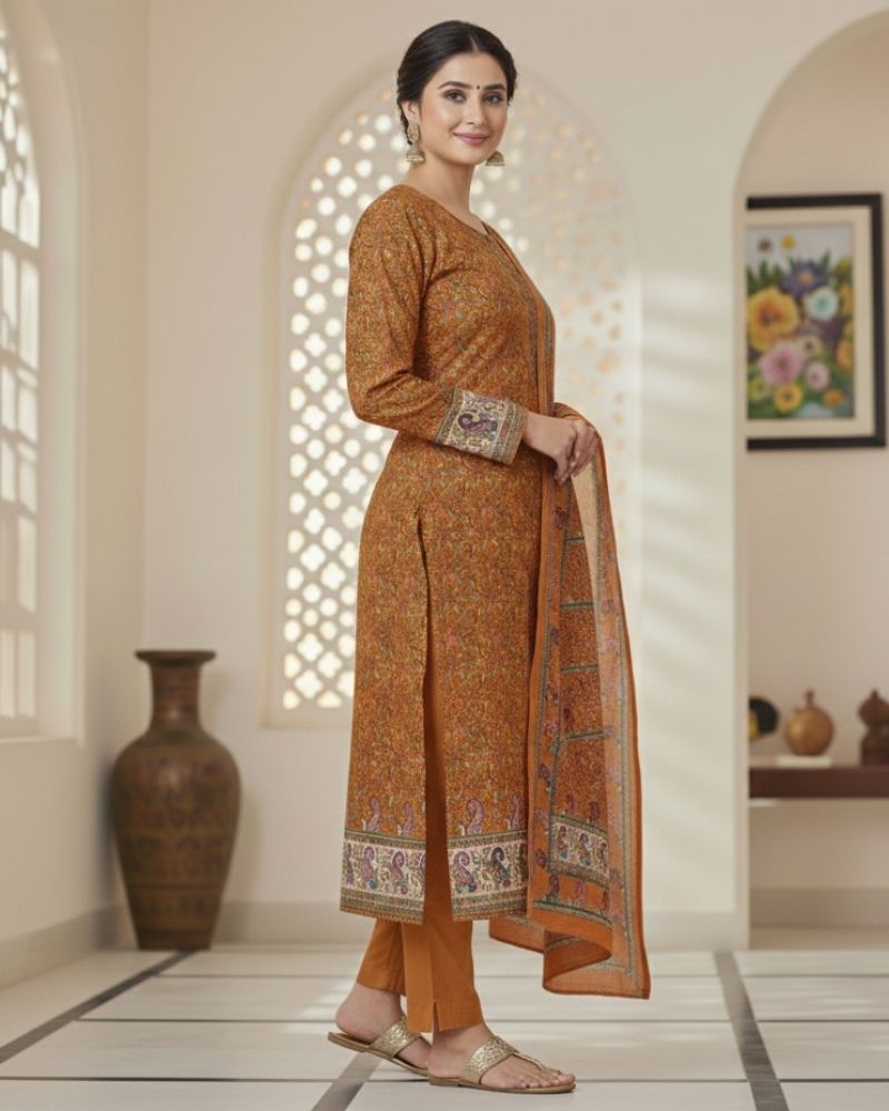 Paisley Printed Cotton 3 Pcs Unstitched Suit- Brown