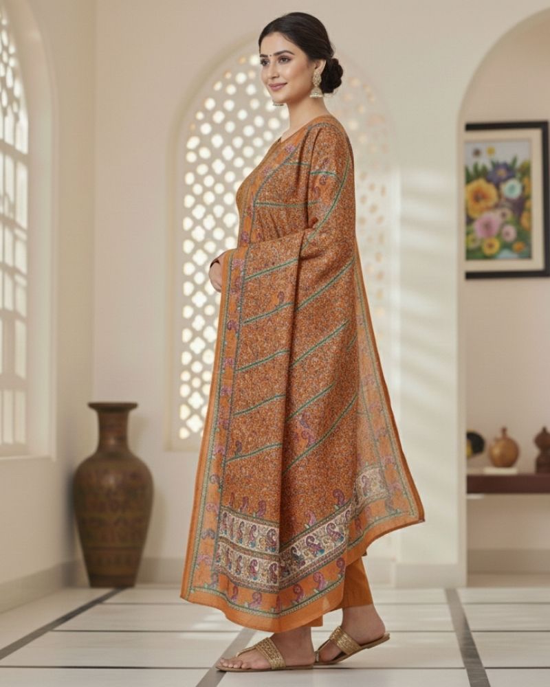 Paisley Printed Cotton 3 Pcs Unstitched Suit- Brown