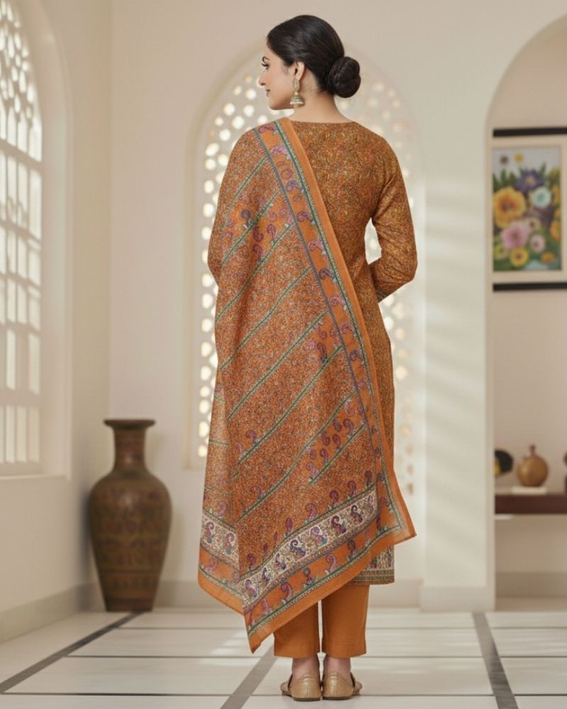 Paisley Printed Cotton 3 Pcs Unstitched Suit- Brown