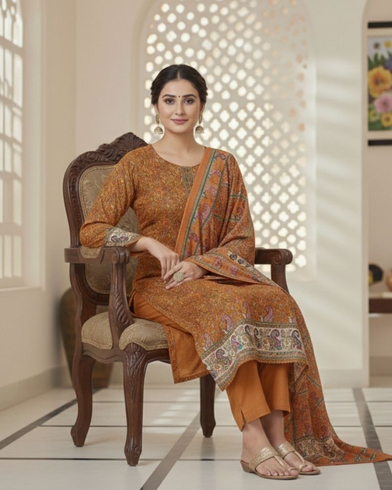 Paisley Printed Cotton 3 Pcs Unstitched Suit- Brown