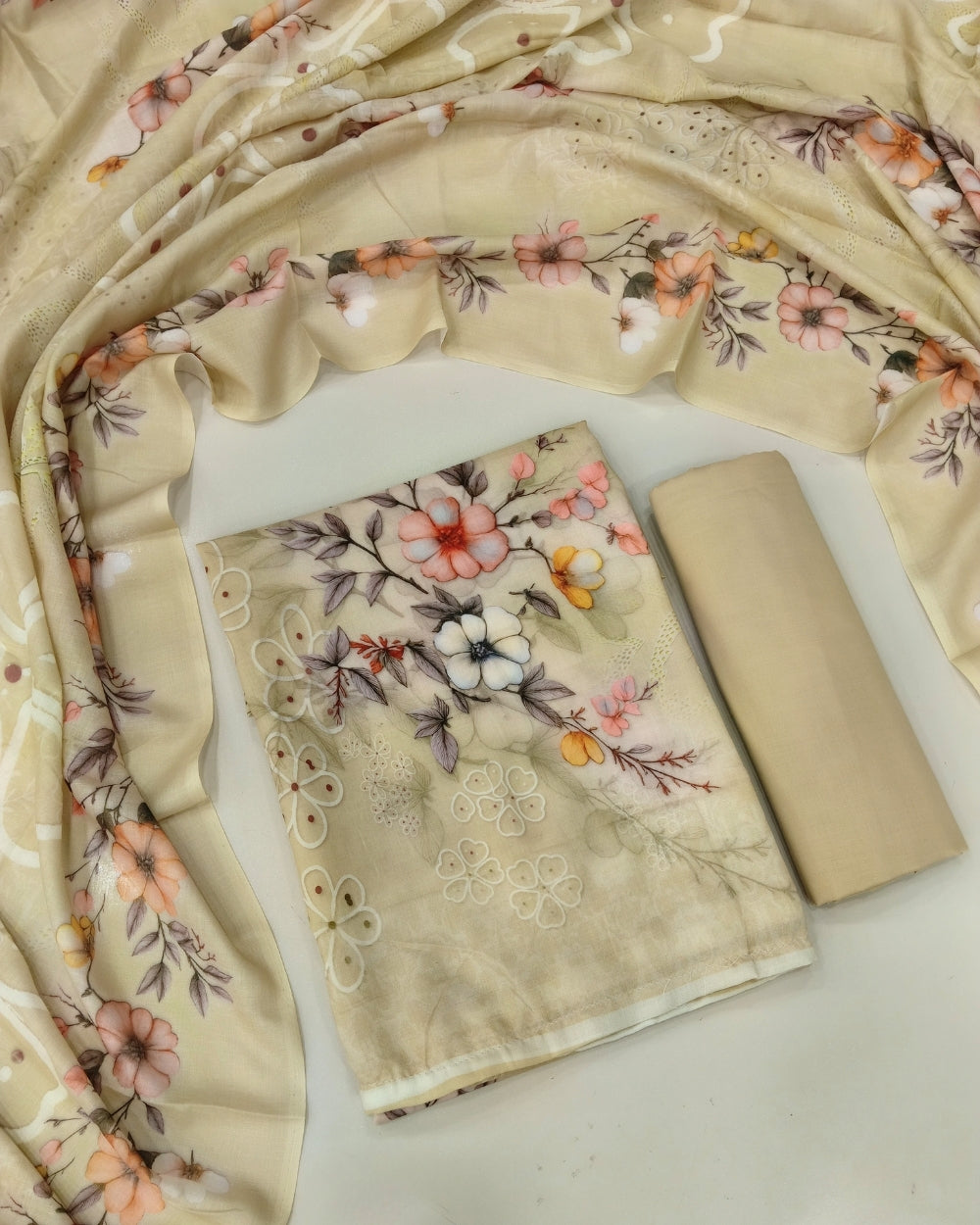 Designer Printed Cotton Unstitched Suit Set - Camel