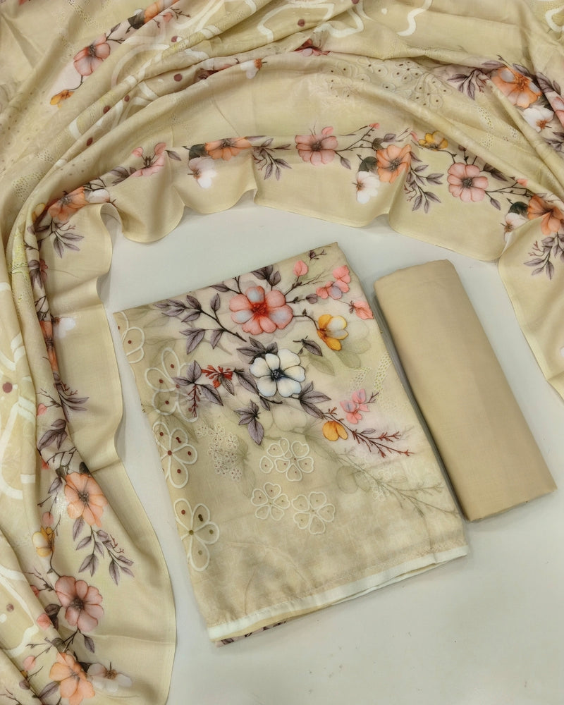 Designer Printed Cotton Unstitched Suit Set - Camel