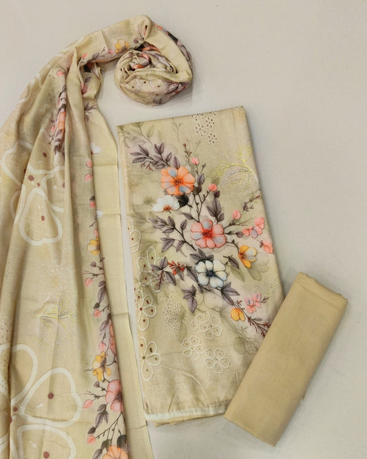 Designer Printed Cotton Unstitched Suit Set - Camel