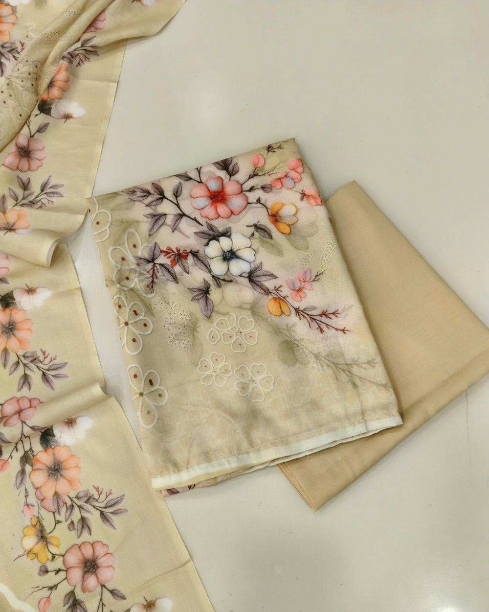 Designer Printed Cotton Unstitched Suit Set - Camel