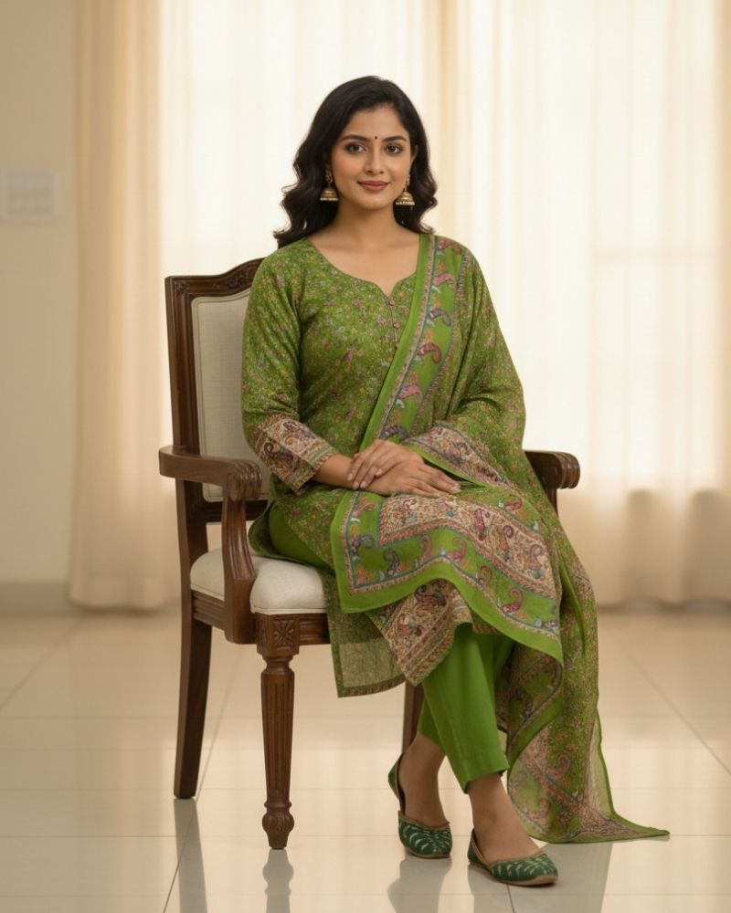 Paisley Printed Cotton 3 Pcs Unstitched Suit- Green