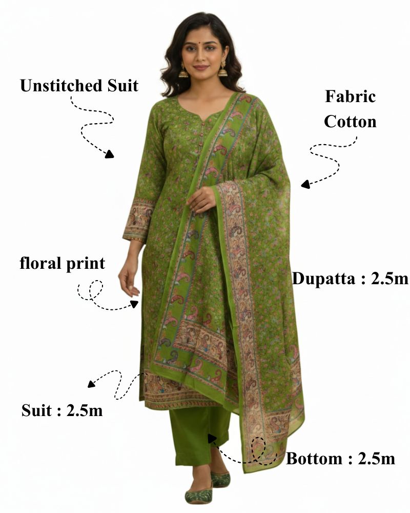 Paisley Printed Cotton 3 Pcs Unstitched Suit- Green
