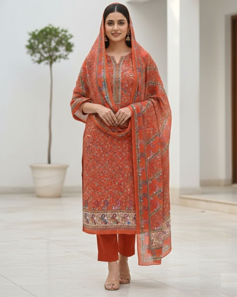 Paisley Printed Cotton 3 Pcs Unstitched Suit- Orange