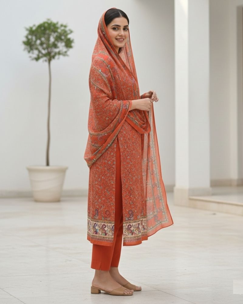 Paisley Printed Cotton 3 Pcs Unstitched Suit- Orange