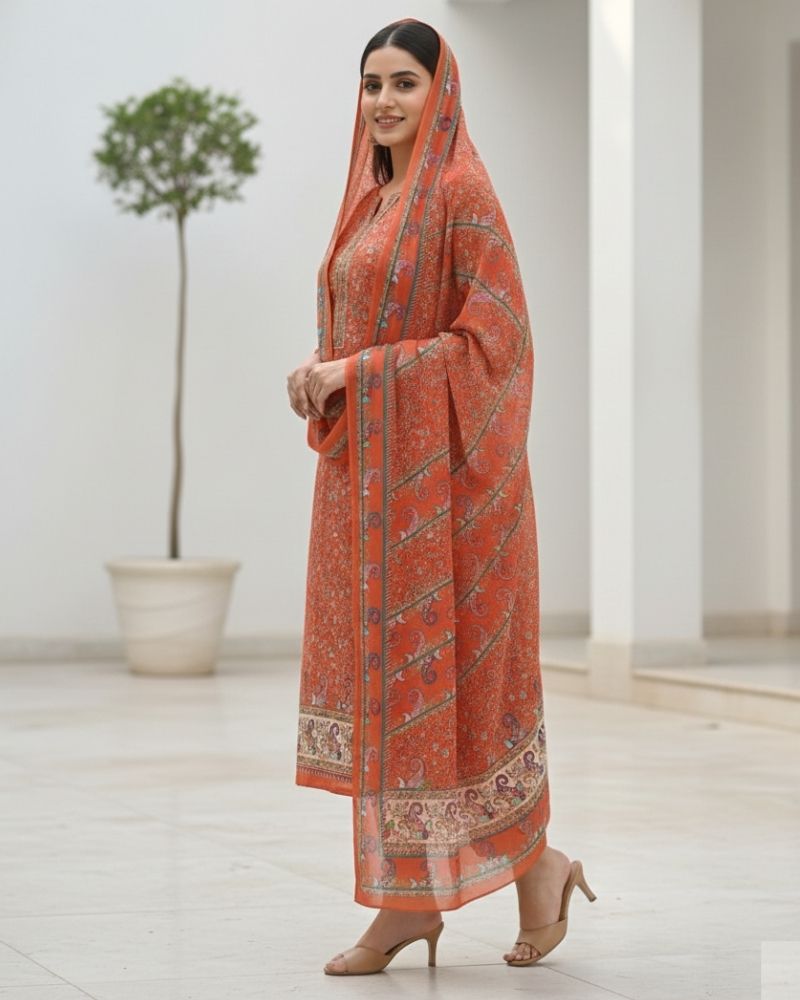 Paisley Printed Cotton 3 Pcs Unstitched Suit- Orange