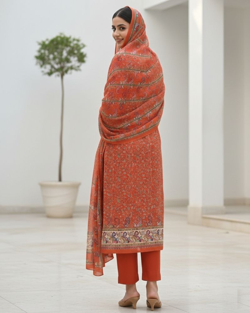 Paisley Printed Cotton 3 Pcs Unstitched Suit- Orange