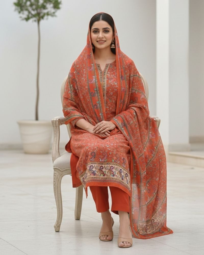 Paisley Printed Cotton 3 Pcs Unstitched Suit- Orange