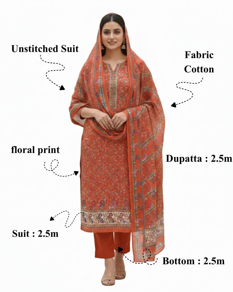 Paisley Printed Cotton 3 Pcs Unstitched Suit- Orange