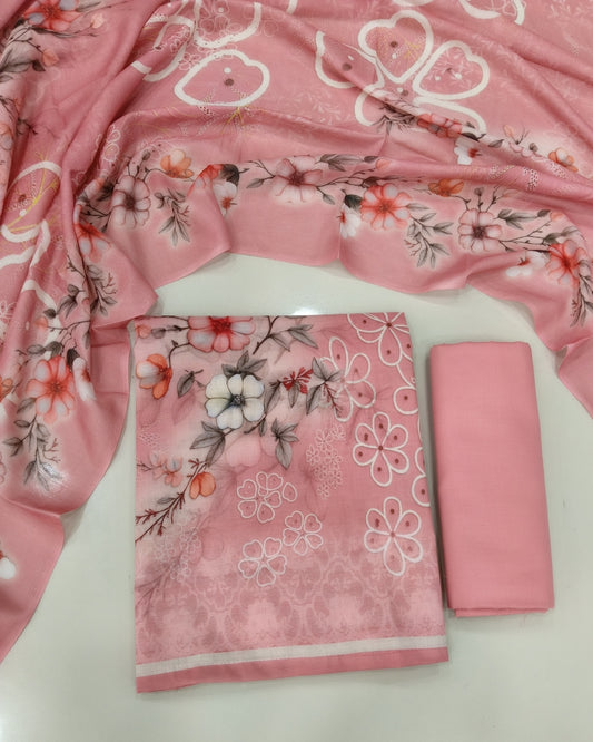 Designer Printed Cotton Unstitched Suit Set - Peach