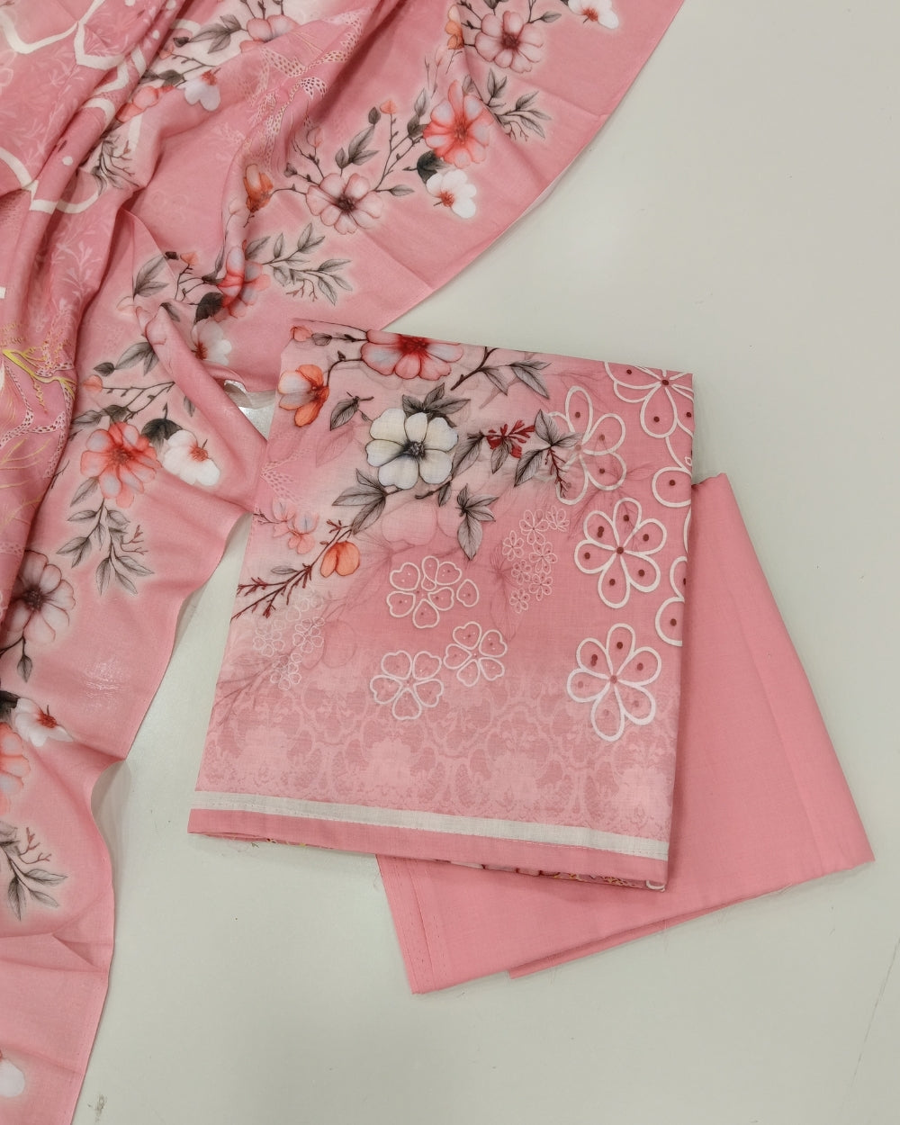 Designer Printed Cotton Unstitched Suit Set - Peach