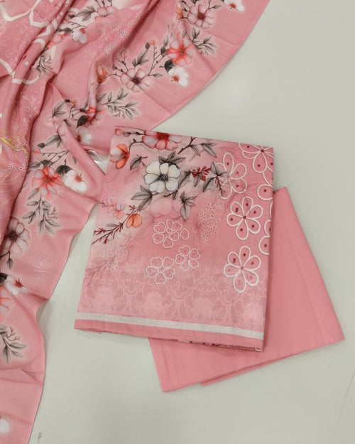 Designer Printed Cotton Unstitched Suit Set - Peach