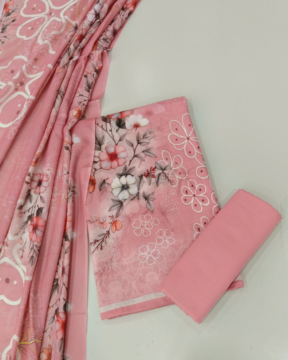 Designer Printed Cotton Unstitched Suit Set - Peach