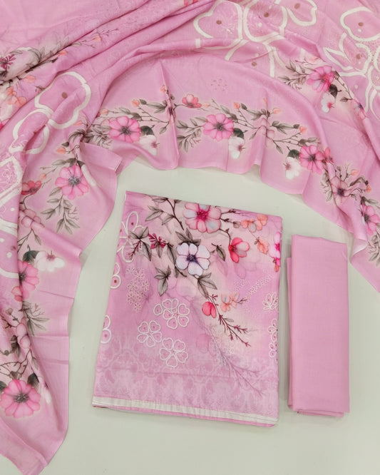 Designer Printed Cotton Unstitched Suit Set - Pink