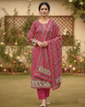 Paisley Printed Cotton 3 Pcs Unstitched Suit- Dark Pink