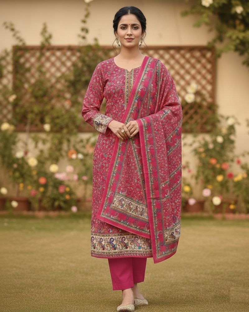 Paisley Printed Cotton 3 Pcs Unstitched Suit- Dark Pink
