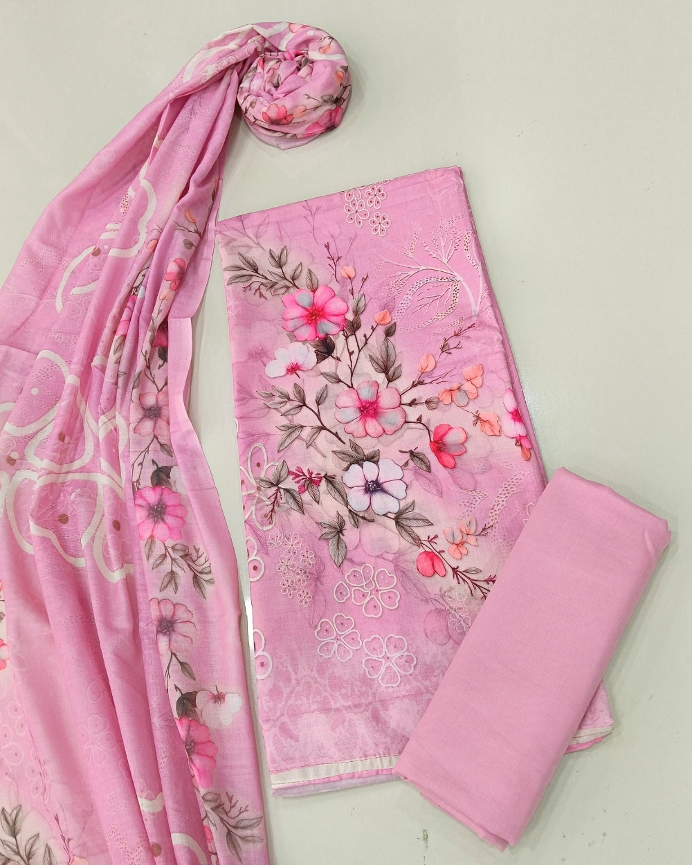 Designer Printed Cotton Unstitched Suit Set - Pink