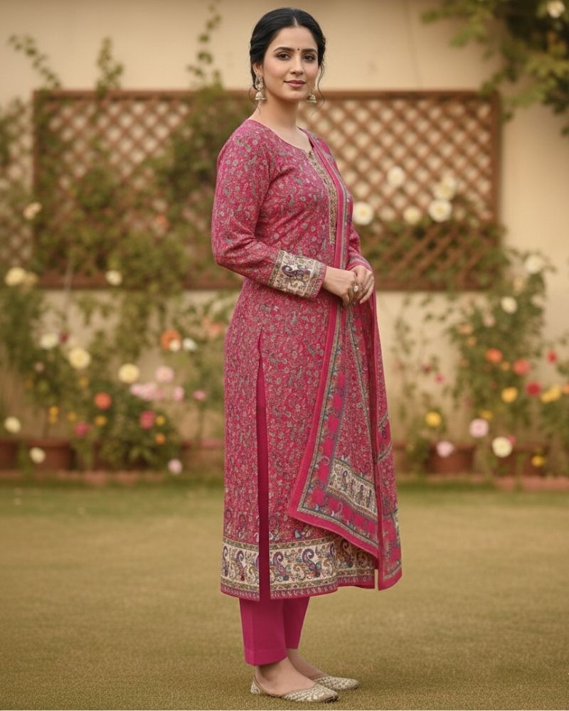 Paisley Printed Cotton 3 Pcs Unstitched Suit- Dark Pink