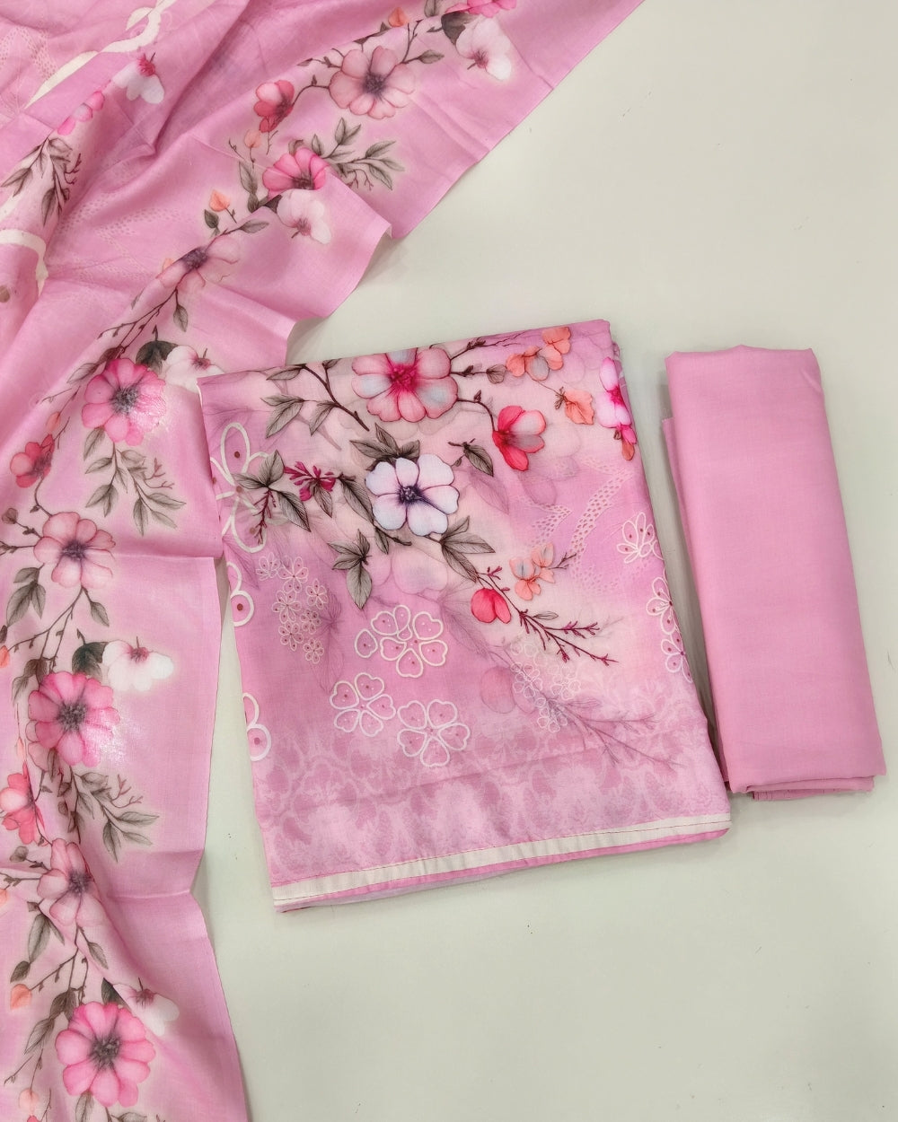 Designer Printed Cotton Unstitched Suit Set - Pink