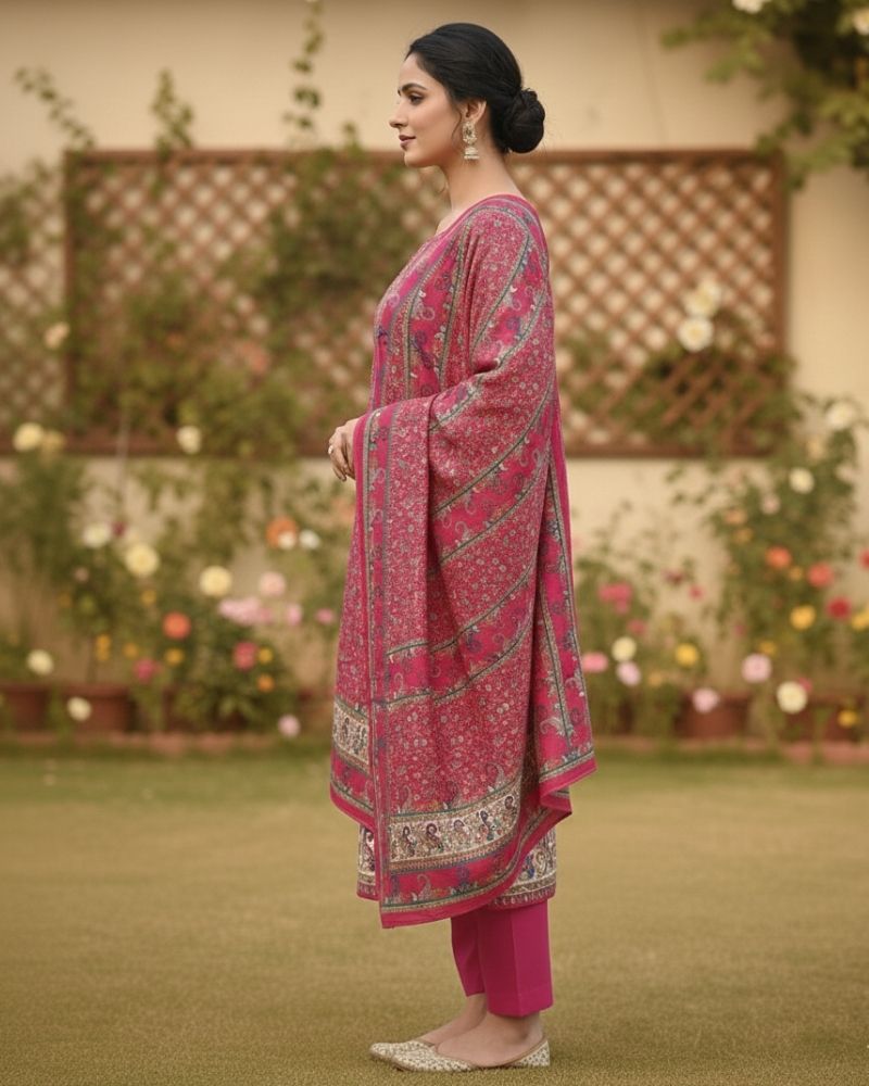 Paisley Printed Cotton 3 Pcs Unstitched Suit- Dark Pink