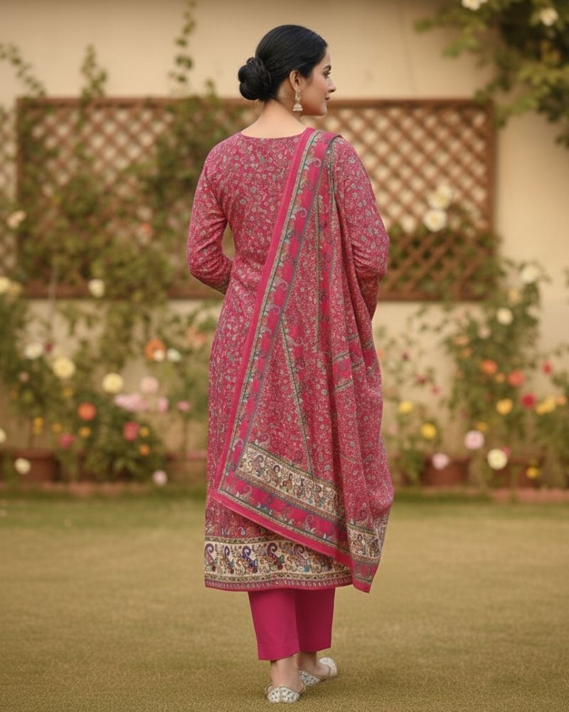 Paisley Printed Cotton 3 Pcs Unstitched Suit- Dark Pink