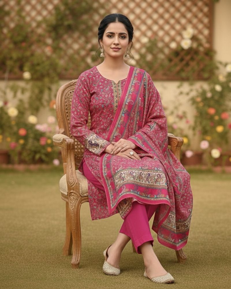 Paisley Printed Cotton 3 Pcs Unstitched Suit- Dark Pink