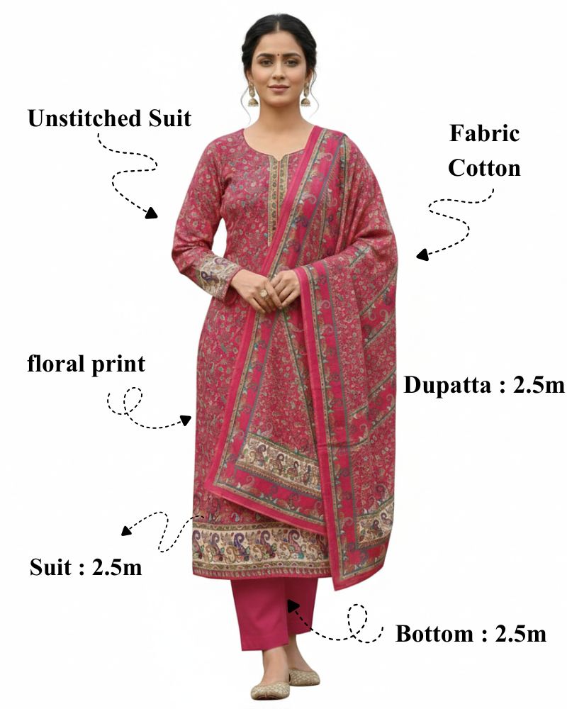 Paisley Printed Cotton 3 Pcs Unstitched Suit- Dark Pink