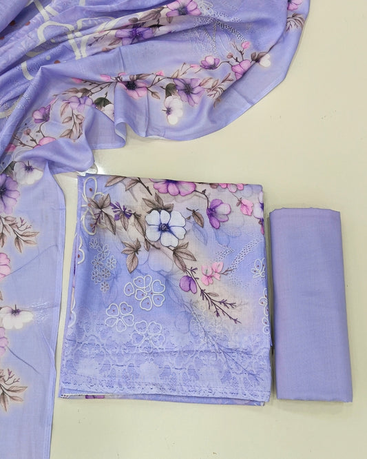 Designer Printed Cotton Unstitched Suit Set - Purple
