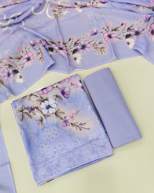 Designer Printed Cotton Unstitched Suit Set - Purple