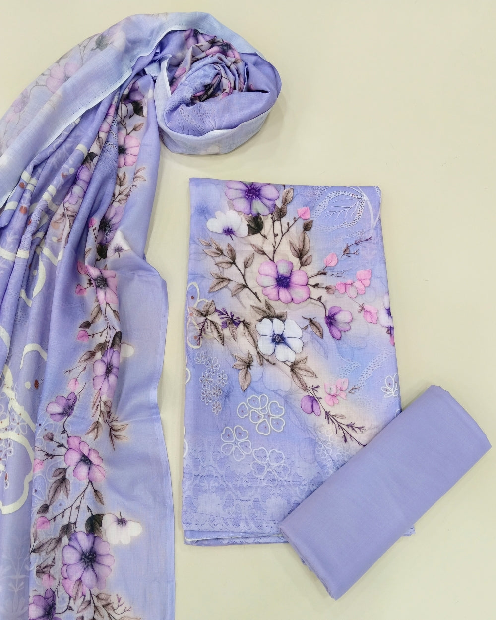 Designer Printed Cotton Unstitched Suit Set - Purple