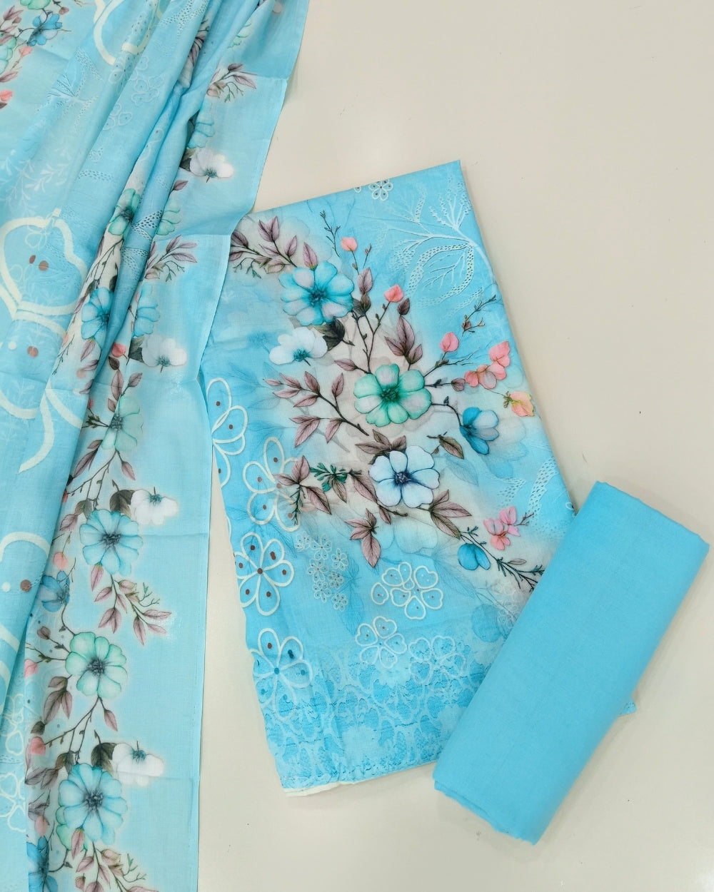 Designer Printed Cotton Unstitched Suit Set - Sky Blue