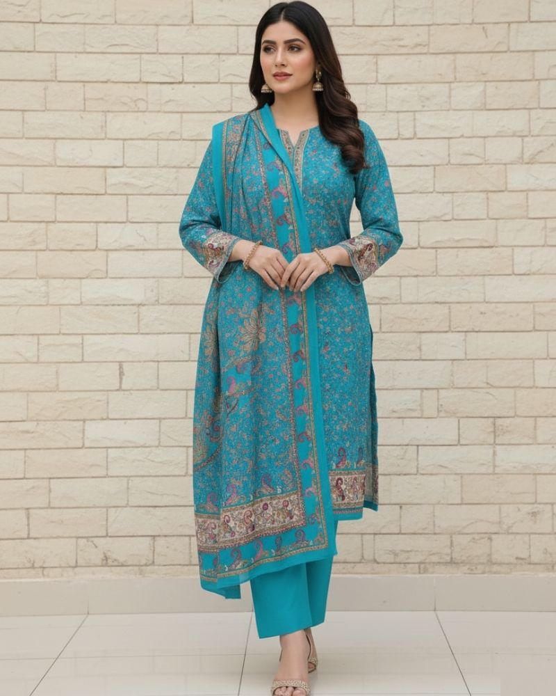 Paisley Printed Cotton 3 Pcs Unstitched Suit- Blue