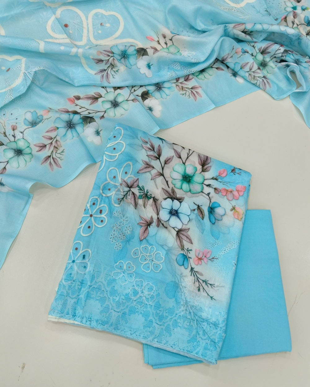 Designer Printed Cotton Unstitched Suit Set - Sky Blue