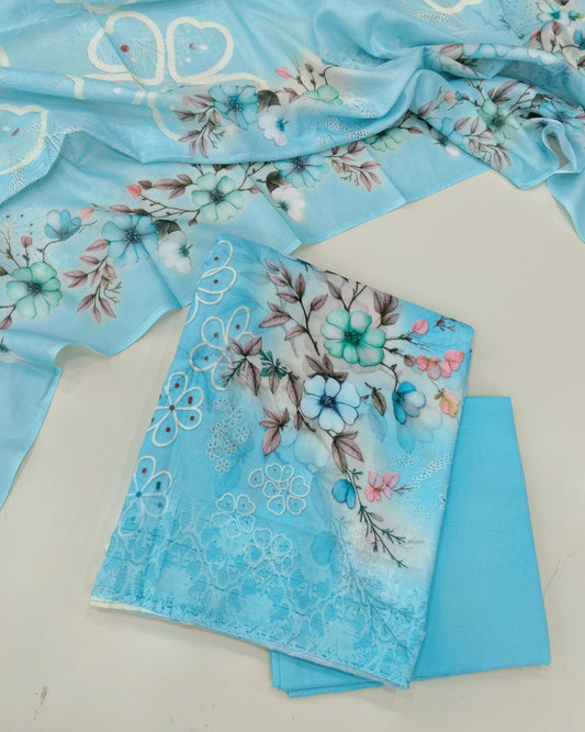 Designer Printed Cotton Unstitched Suit Set - Sky Blue