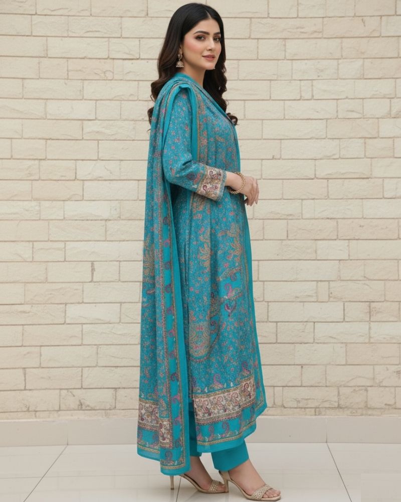 Paisley Printed Cotton 3 Pcs Unstitched Suit- Blue