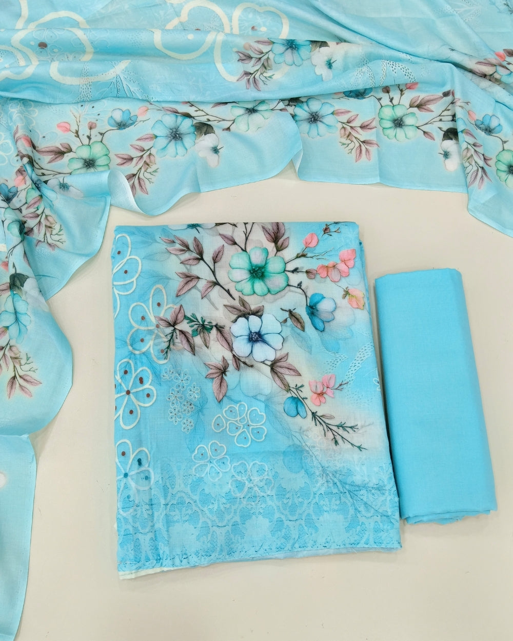 Designer Printed Cotton Unstitched Suit Set - Sky Blue