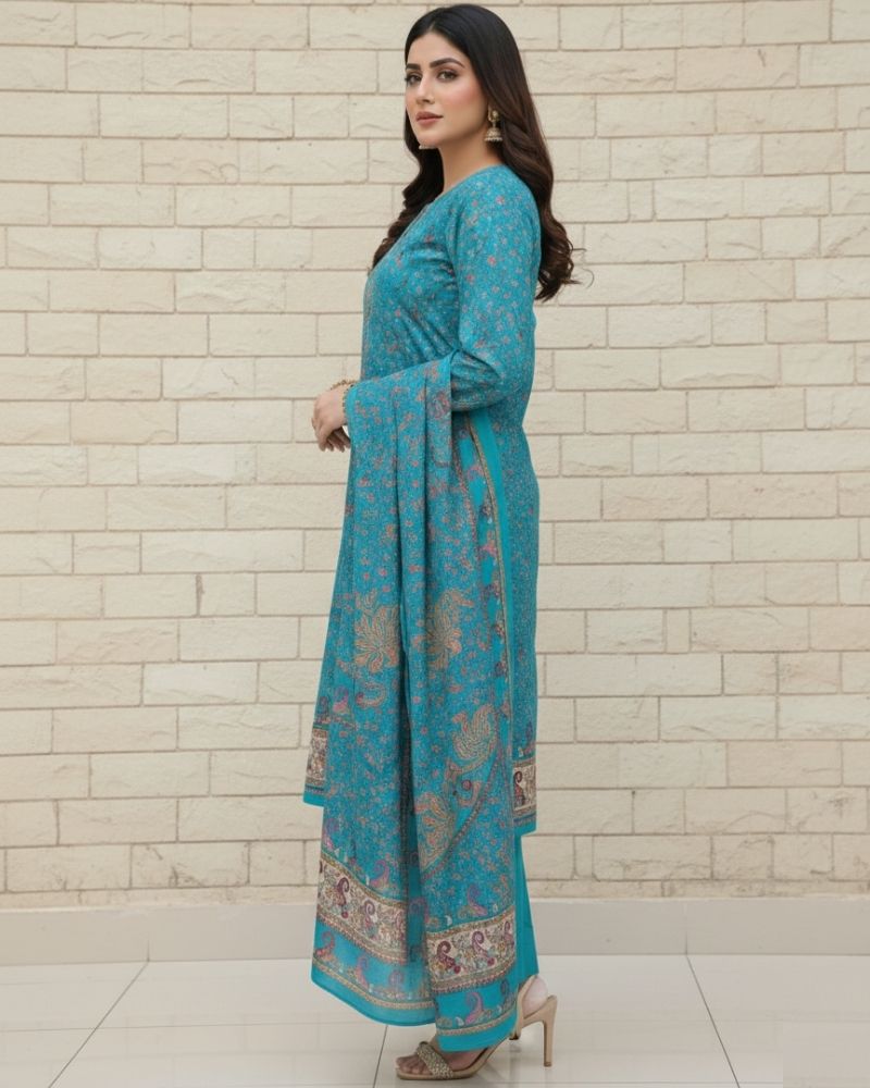 Paisley Printed Cotton 3 Pcs Unstitched Suit- Blue