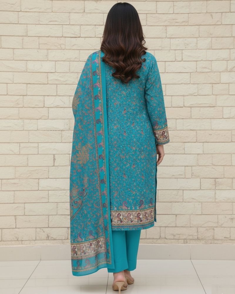 Paisley Printed Cotton 3 Pcs Unstitched Suit- Blue