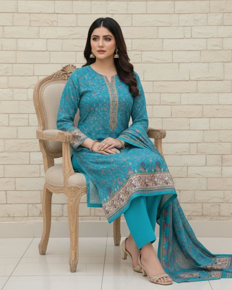 Paisley Printed Cotton 3 Pcs Unstitched Suit- Blue