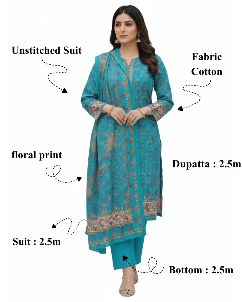 Paisley Printed Cotton 3 Pcs Unstitched Suit- Blue