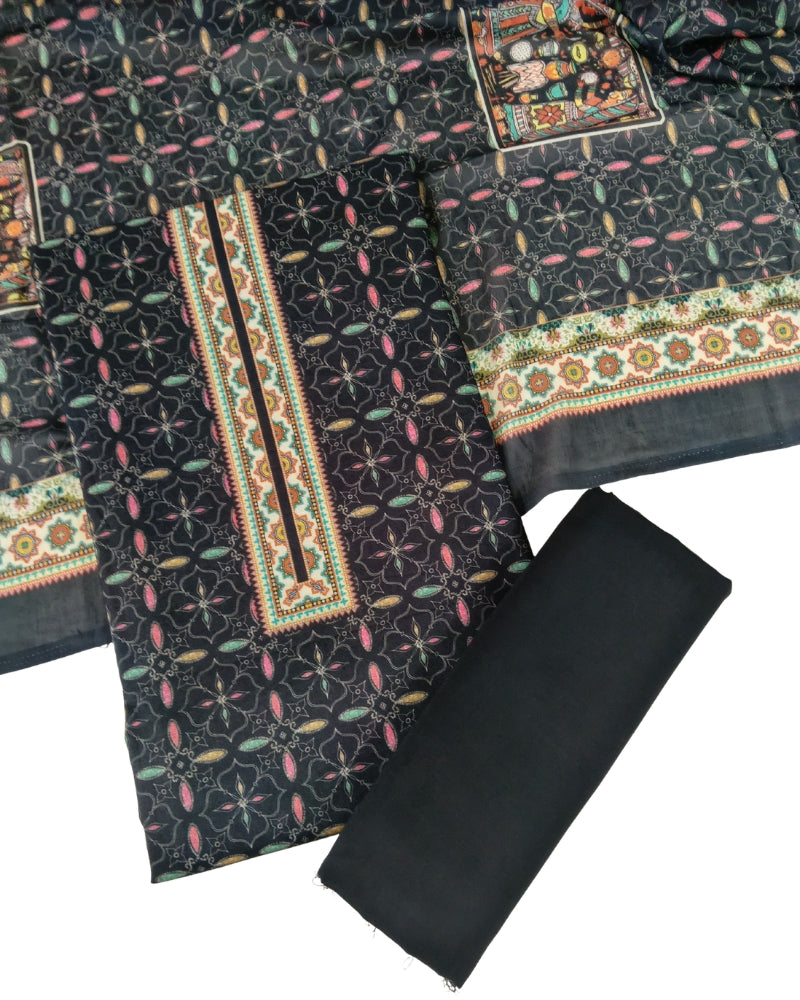 Designer Printed Cotton Unstitched Suit Set - Black II